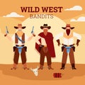 Wild west bandits banner with men in cowboy costumes, flat vector illustration. Royalty Free Stock Photo