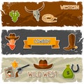 Wild west banners with cowboy objects and stickers