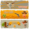 Wild west banners with cowboy objects and stickers