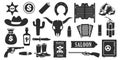 Wild west black icons. Western american cowboy silhouettes with cactus guitar dynamite bandit revolver, simple Royalty Free Stock Photo