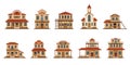 Wild west buildings. Cartoon western american traditional house facade collection, saloon bank bar church tavern Royalty Free Stock Photo