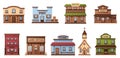 Wild west buildings. Western town houses, wooden saloon and sheriff office city building vector illustration set Royalty Free Stock Photo