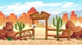 Wild west cartoon illustration with cowboy, skull, wanted poster and mountains. Vector western illustration Royalty Free Stock Photo
