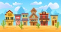 Wild west city, cartoon western cityscape, old wooden house buildings for cowboys, desert landscape