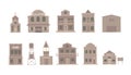 Wild west city. Western wood buildings saloon, bank, house, sheriff office vector illustration set. Royalty Free Stock Photo