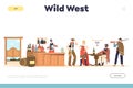 Wild west concept of landing page with cowboy and country people in bar dressed in western clothes