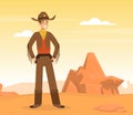 Wild West Concept, Smiling Cowboy Standing at Desert Landscape Vector Illustration