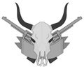 Wild west cow skull, pistols, ribbon logo. Gray