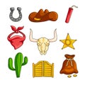 Wild West With Cowboy Accessories Set Isolated On White Background