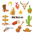 Wild west cowboy flat clip-art with pistol, money in bag, hat isolated vector illustration. Set for a real cowboy. Vector Royalty Free Stock Photo