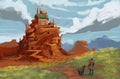 Wild west cowboy and his dog companion on a journey to explore a ruined ghost town in the desert - digital fantasy landscape