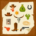 Wild west cowboy objects and design elements