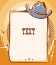 Wild West cowboy paper background for text. Vector western illustration with cowboy hat and lasso on American desert landscape