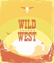 Wild West cowboy paper background for text. Vector western illustration with cowboy hat and lasso on American desert landscape