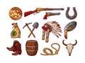 Wild West cowboy. Western elements set. Cowpuncher hat and boots. Horseshoe or Indian headdress. Prospector tools. Texas