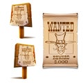 Wild west decoration - wooden board and poster with cowboy face and the inscription is wanted.