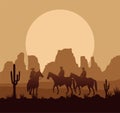 wild west desertic sunset scene with cowboys and horses