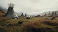 Wild West Dreams: Tipis Amidst the Vast Prairie Meadow Royalty Free Stock Photo