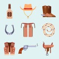 Wild west elements set icons cowboy rodeo equipment and different accessories vector illustration. Royalty Free Stock Photo