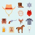 Wild west elements set icons cowboy rodeo equipment and different accessories vector illustration. Royalty Free Stock Photo
