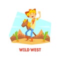 Wild West, Funny Cowboy Character Riding Stick Horse in Desert Landscape Vector illustration Royalty Free Stock Photo
