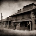 Wild wild west ghost town old saloon wooden building faded effect