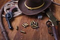 Wild west guns, ammunition and silver dollars Royalty Free Stock Photo