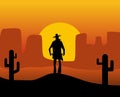 Wild west gunslinger. Background the desert. Royalty Free Stock Photo