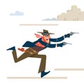 Wild west gunslinger. Cowboy robber runs attack and shouts. Gunfighter isolated on white background. Vector flat cartoon Royalty Free Stock Photo