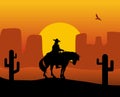 Wild west gunslinger in a raincoat riding a horse. Background the desert.