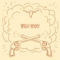 Wild West illustration with cowboy guns and burst space for western text on old background