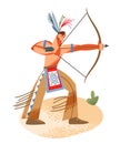 Wild west indian american man with bow and arrow. Western native person with weapon vector illustration. Young armed guy Royalty Free Stock Photo