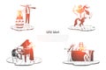 Wild West - Indian with archery on horse, hunter with gun, saloon with drinks and tavern with musicians vector concept set