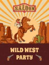 Wild west invite party template vector illustration. Vintage western poster and cowboy party flyer or invitation Royalty Free Stock Photo