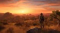 a wild west landscape artwork of a cowboy watching the sunset, ai generated image Royalty Free Stock Photo