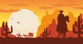 Wild west landscape silhouette. Silhouette cowboy on horse van with rider. Royalty Free Stock Photo