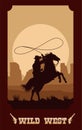 wild west lettering in poster with cowboy in horse lassoing