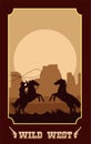 wild west lettering in poster with cowboy in horses lassoing