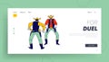 Wild West Lifestyle Landing Page Template. Men Cowboys with Gun Stand Face to Face Prepare to Fight on Duel