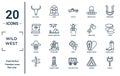 wild.west linear icon set. includes thin line bull skull, wanted, outlaw, , saddle, scarab, cowboy boot icons for report,