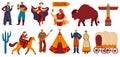 Wild West, native Americans and cowboys, set of isolated icons and people, vector illustration Royalty Free Stock Photo