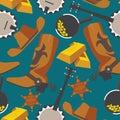 Wild west objects for gold rush or cowboy in seamless pattern on blue background. Flat wrangler boots, gold bar, puncher hat, banj Royalty Free Stock Photo