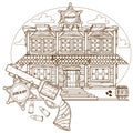 Wild West outline drawing for coloring. Police station. Sheriff