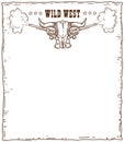 Wild West paper background with text. Vector cowboy Western hand drawn doodle illustration with buffalo skull and guns isolated on