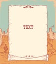 Wild West paper for text. Vector cowboy western hand drawn doodle background with paper on American canyon desert and cactuses Royalty Free Stock Photo