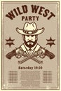 Wild west party poster template. Cowboy hat with crossed revolvers. Wild West theme. Design element for poster, card, banner, flye Royalty Free Stock Photo