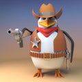 Wild west penguin sheriff cowboy has drawn his pistol and is pointing it at the viewer, 3d illustration