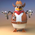 Wild west penguin sheriff cowboy points both his pistols at the viewer for dramatic effect, 3d illustration