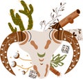 Wild west poster with an animal skull, gun, playing cards, dice, cactus. Further Old West in flat style. Vector