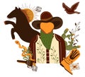 Wild west poster with a sheriff character in cowboy hat, snake, wild horse, flying eagle, cowboy boot. Further Old West